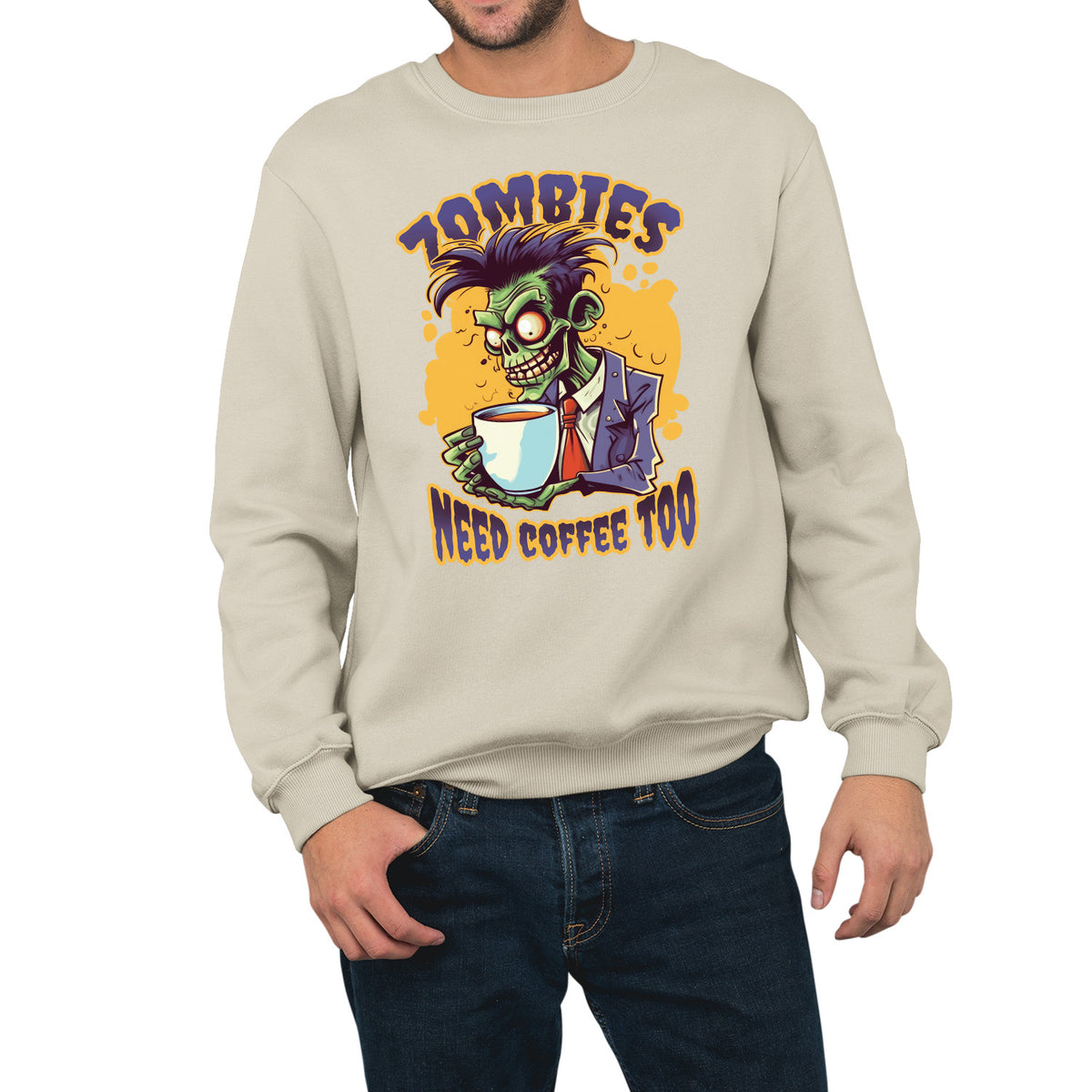 Zombies Need Coffee Too | Unisex Adult Sweatshirt | Premium Halloween Clothing